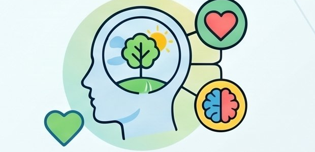 Side-profile illustration of a head containing a tree and sun, surrounded by heart and brain icons, representing mentally healthy workplaces